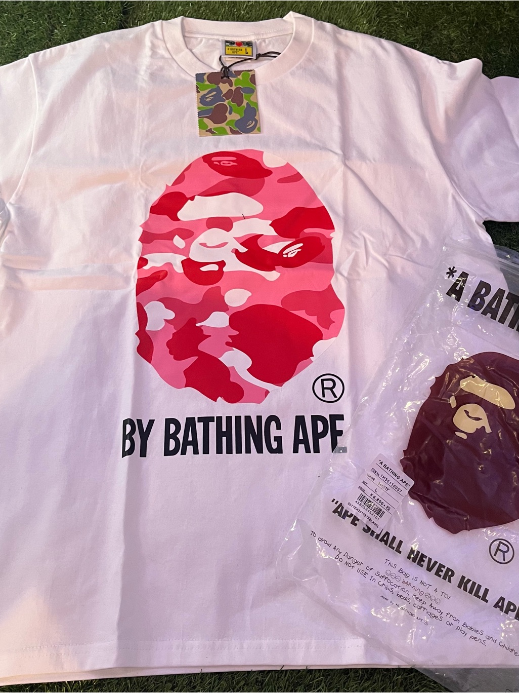 Bape White T-Shirt With Pink And Red Camo Ape Head